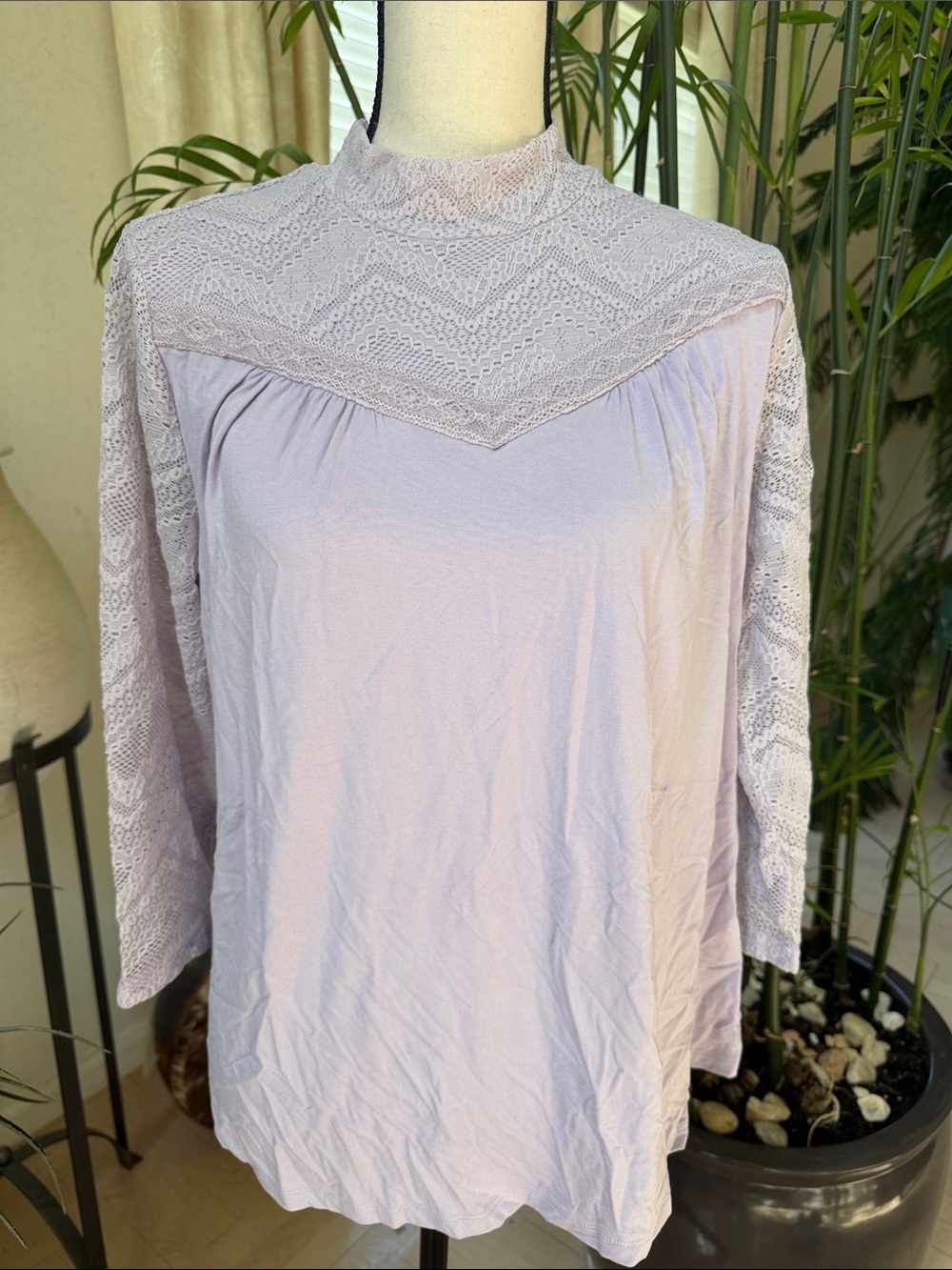 LOGO by Lori Goldstein Lavender Lace Yoke Top